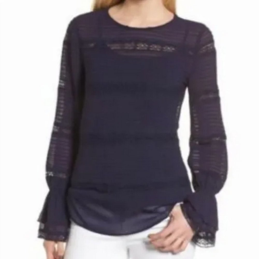 Chelsea 28 Navy Pin tuck & Lace Top